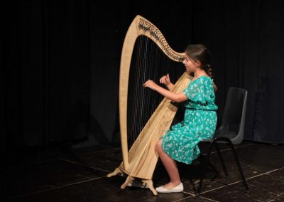 Představení LDO, klub Letka, žačka hrající na harfu.